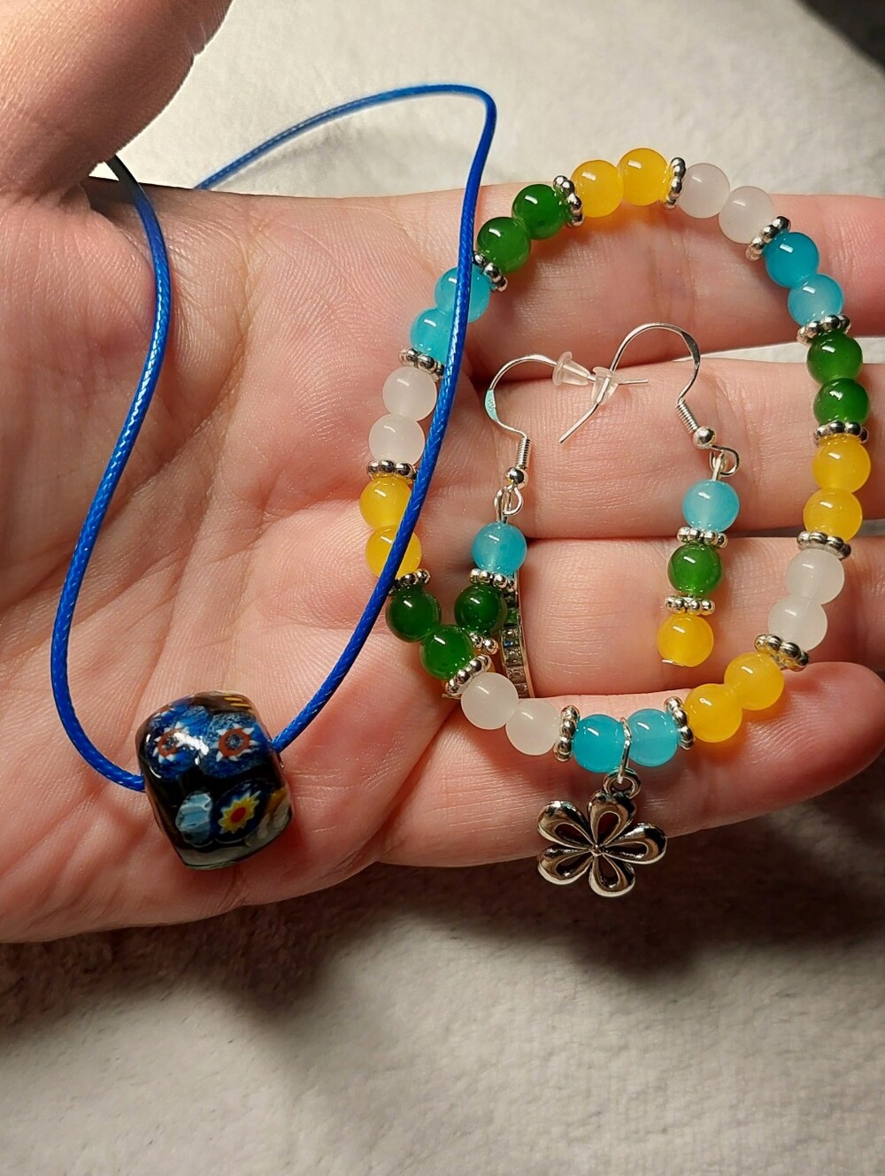 Handmade Glass Colorful Bead Bracelet and Pendant Necklace Set - Multicolor